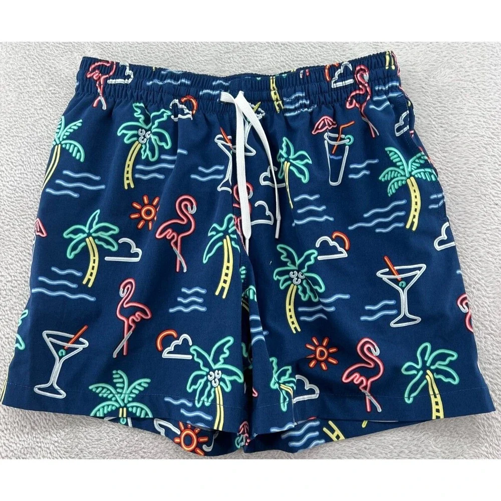 Chubbies Swim Trunks Mens Medium Navy Neon Flamingo Palm Tree 5.5